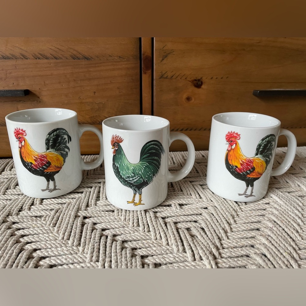 CORDON BLEU BIA Coffee Tea Mug set of 3 Porcelain White Rooster 11 oz